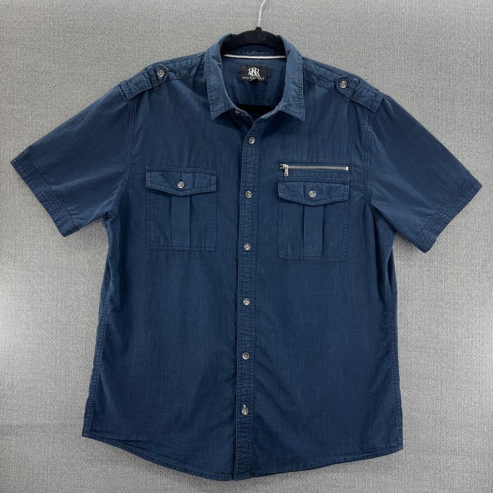 Rock & Republic Mens Blue 100% Cotton Short Sleeve Casual Button Up Shirt Size L